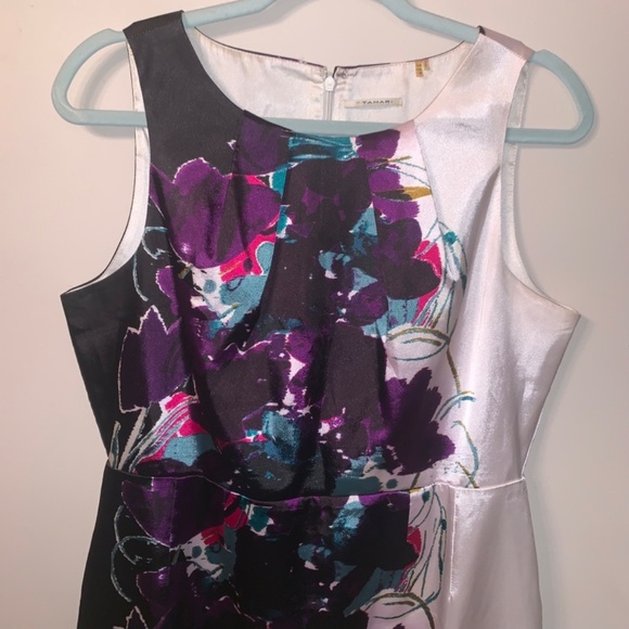 T Tahari Floral Sheath Dress Black Purple White Sleeveless 12 - Picture 9 of 10